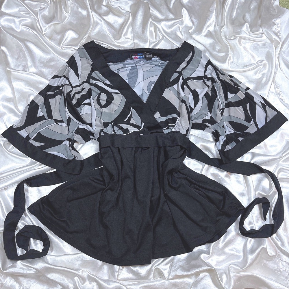 y2k Tunic Top Black Excellent Abstract Print Kimono Sleeve Wrap Waist 2X